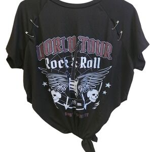 Womens‎ Black World Tour Rock Roll Graphic Tie Front Safety Pin T Shirt